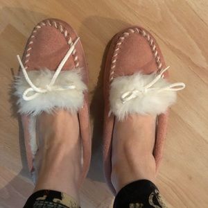 Fuzzy moccasin slippers. THINK CHRISTMAS 🎄